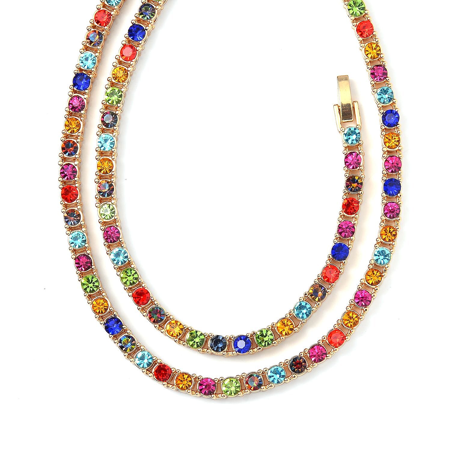Set of 2 - Multi Color Crystal Necklace (Size - 20) & Bracelet (Size - 7) in Yellow Gold Tone