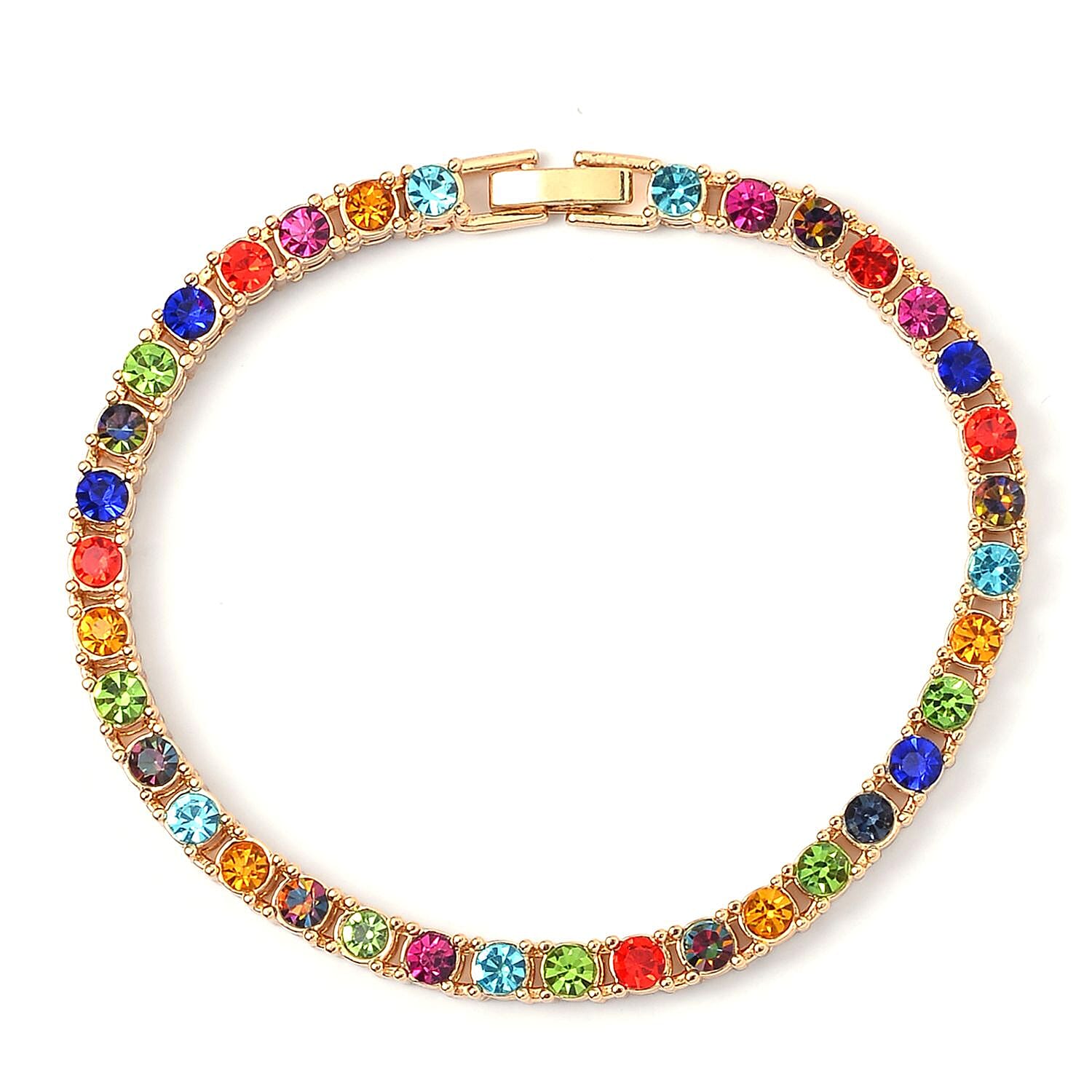 Set of 2 - Multi Color Crystal Necklace (Size - 20) & Bracelet (Size - 7) in Yellow Gold Tone