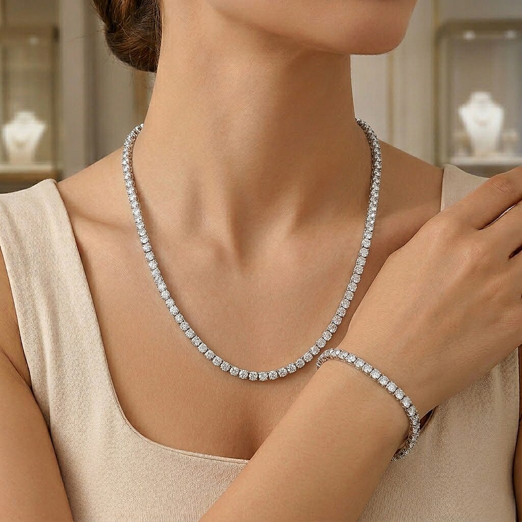 Set of 2 - White Crystal Necklace (Size - 20) & Tennis Bracelet (Size - 7.5) in Silver Tone