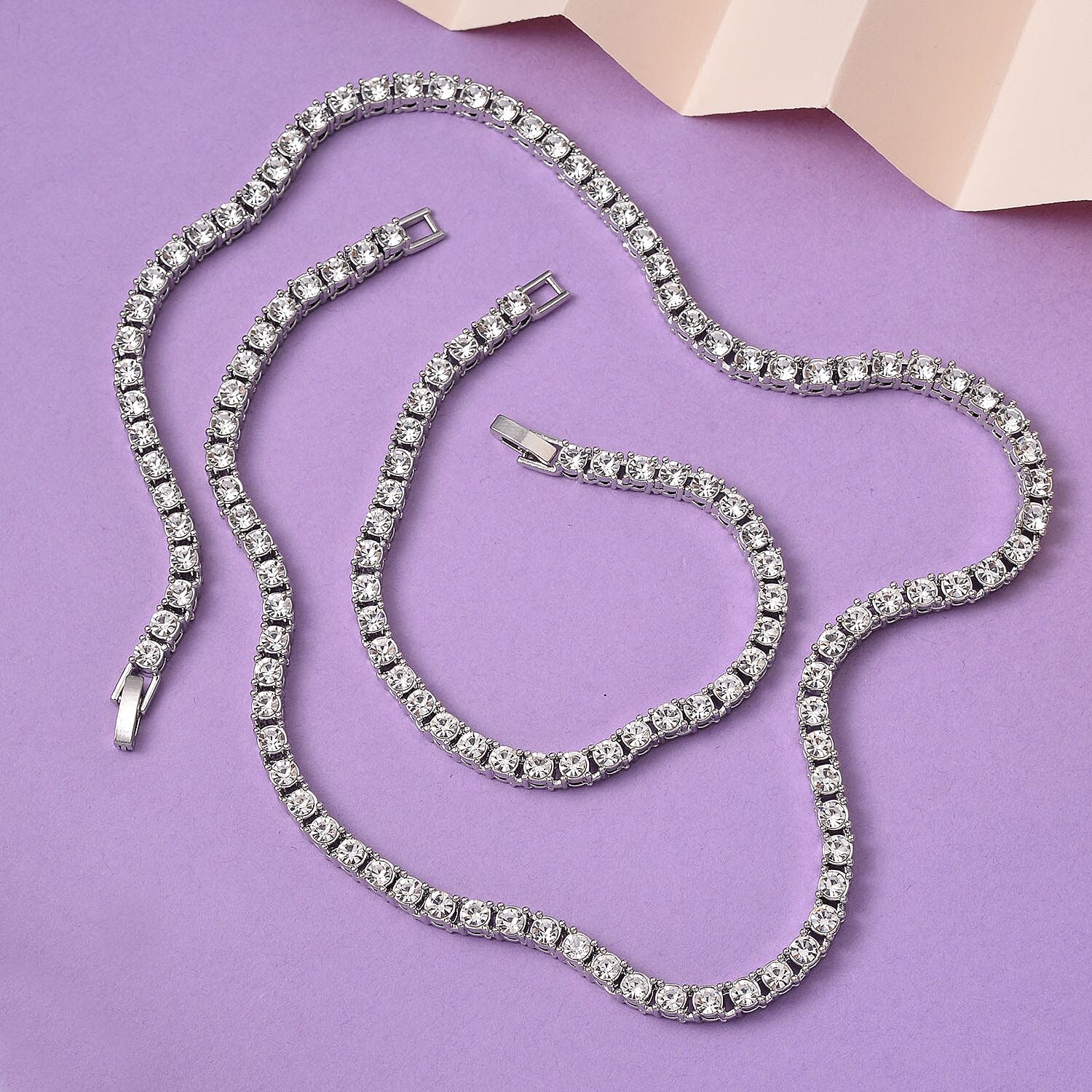 Set of 2 - White Crystal Necklace (Size - 20) & Tennis Bracelet (Size - 7.5) in Silver Tone