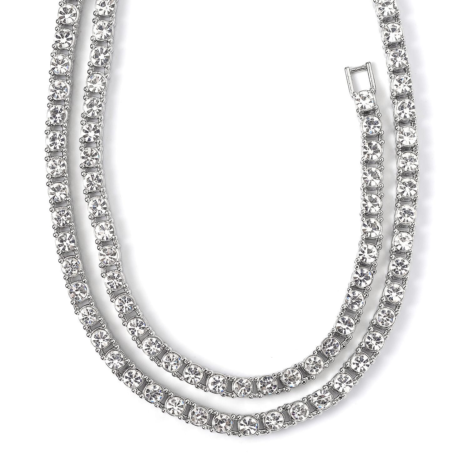 Set of 2 - White Crystal Necklace (Size - 20) & Tennis Bracelet (Size - 7.5) in Silver Tone
