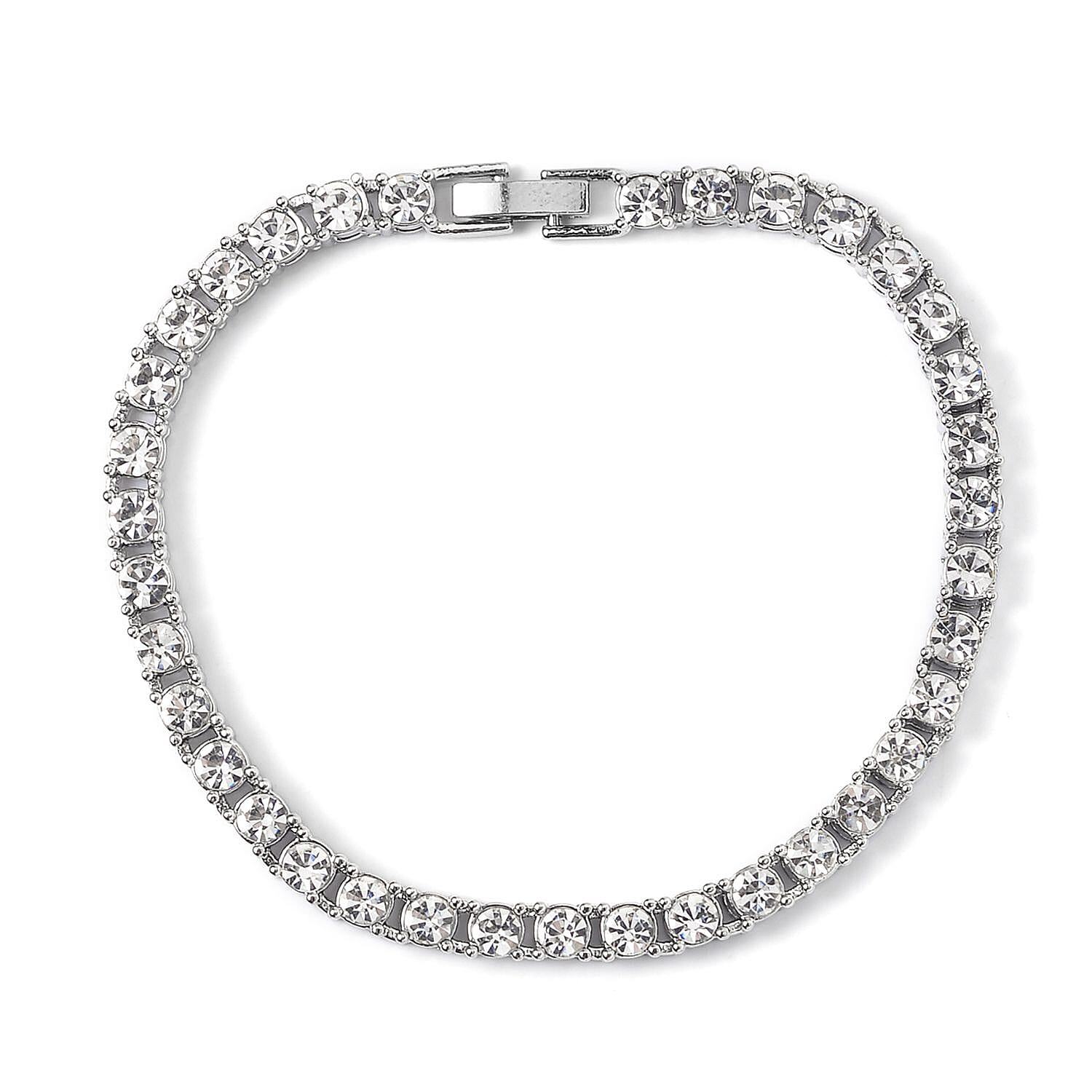Set of 2 - White Crystal Necklace (Size - 20) & Tennis Bracelet (Size - 7.5) in Silver Tone