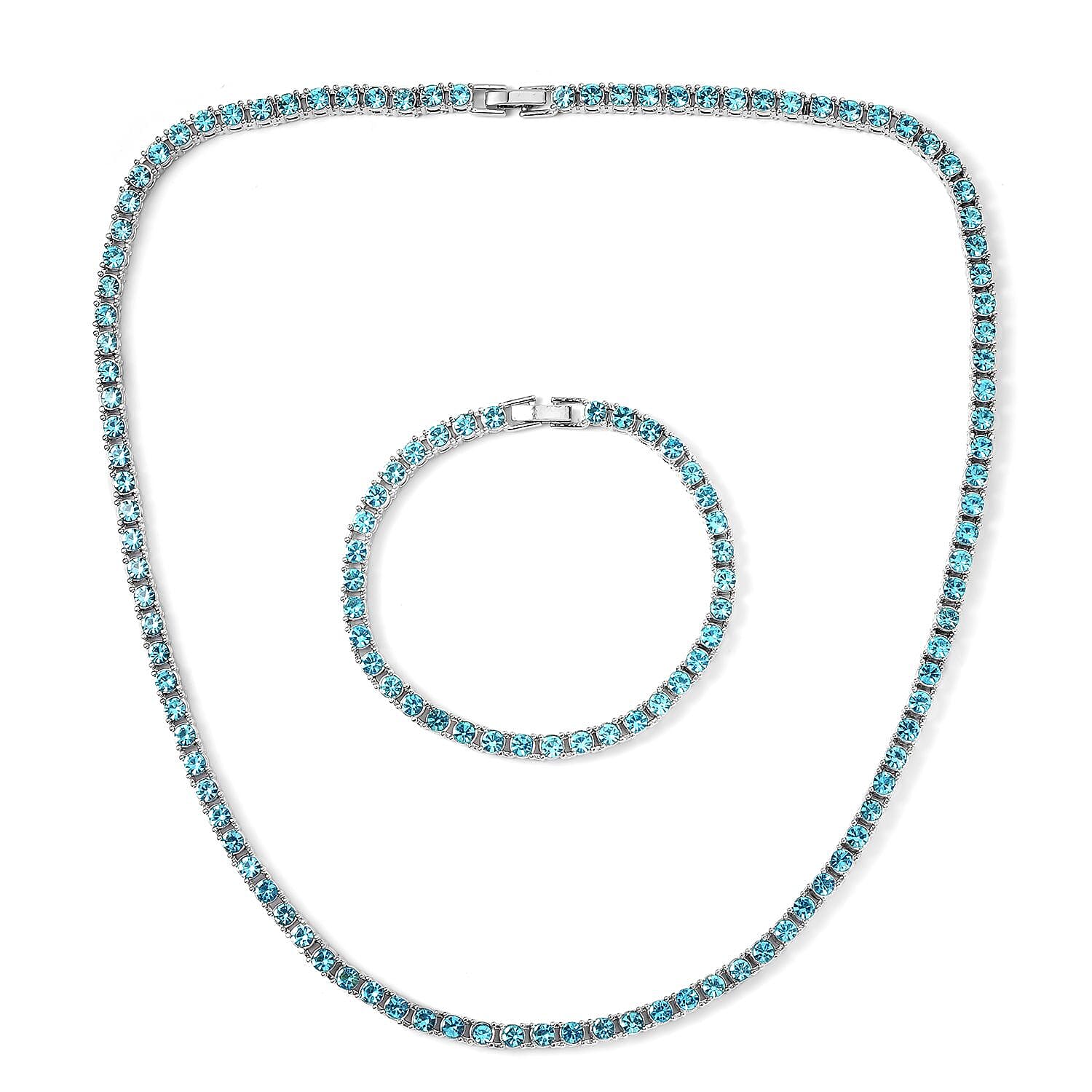 Set of 2 - Light Blue Crystal Necklace (Size - 20) & Tennis Bracelet (Size - 7.5) in Silver Tone