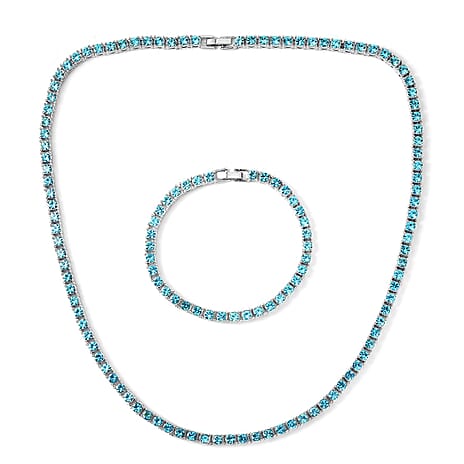 Set of 2 - Light Blue Crystal Necklace (Size - 20) & Tennis Bracelet (Size - 7.5) in Silver Tone