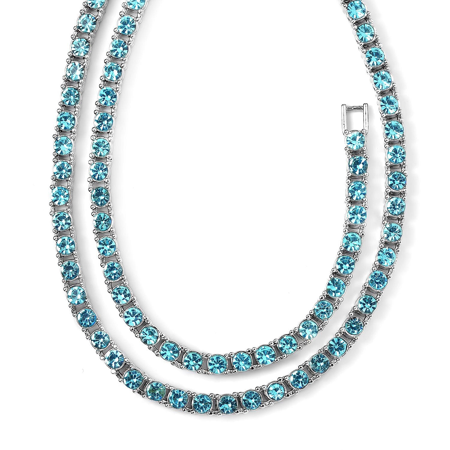 Set of 2 - Light Blue Crystal Necklace (Size - 20) & Tennis Bracelet (Size - 7.5) in Silver Tone