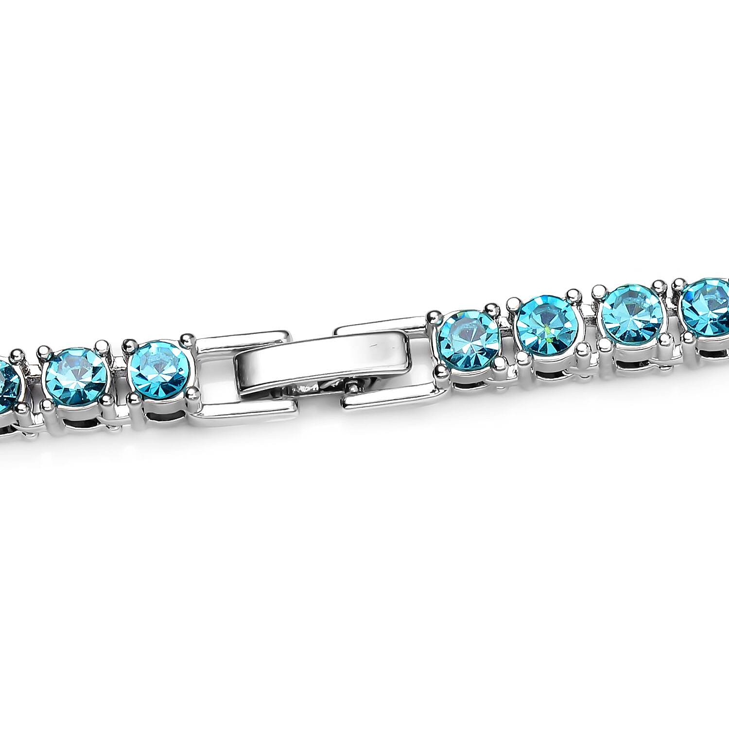 Set of 2 - Light Blue Crystal Necklace (Size - 20) & Tennis Bracelet (Size - 7.5) in Silver Tone