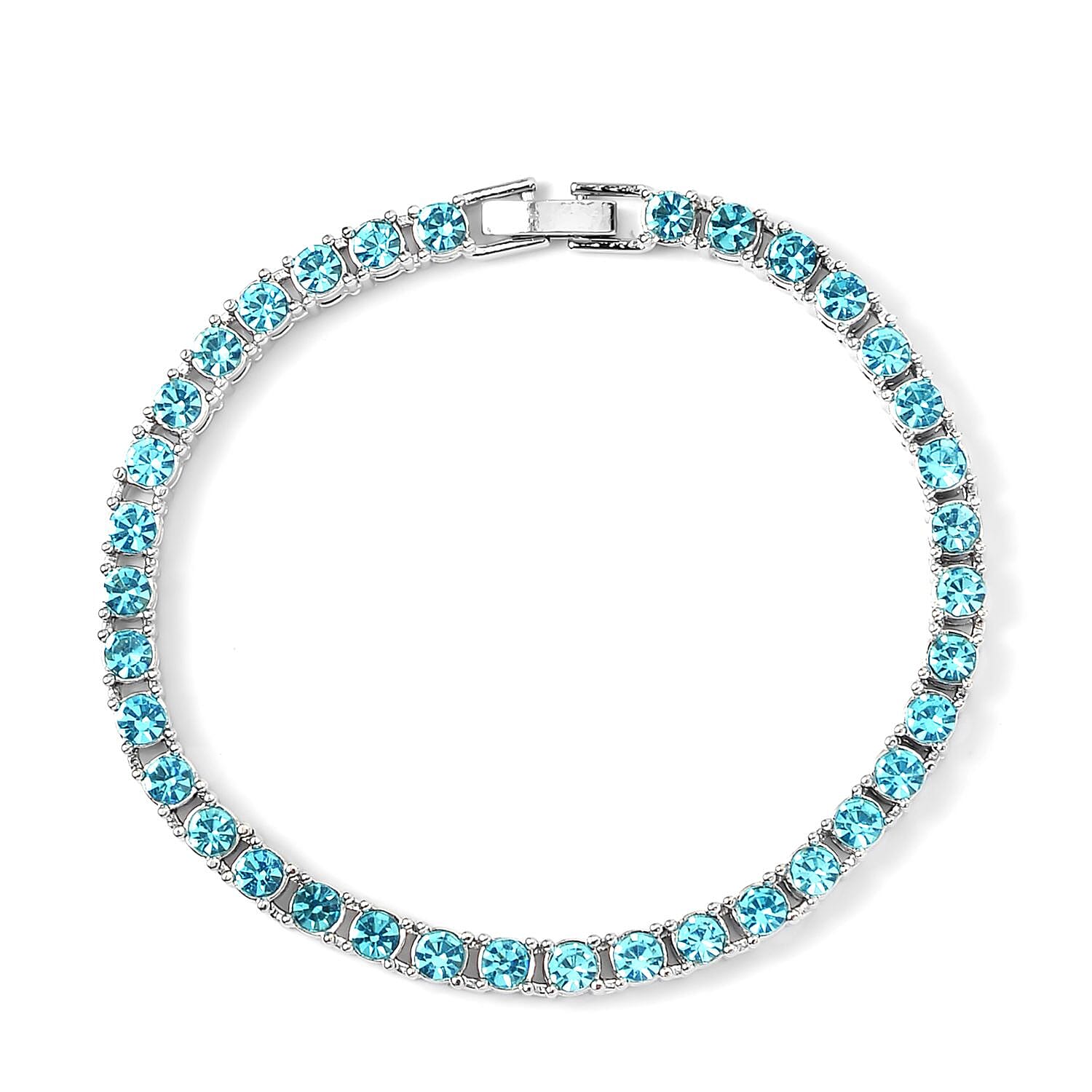 Set of 2 - Light Blue Crystal Necklace (Size - 20) & Tennis Bracelet (Size - 7.5) in Silver Tone