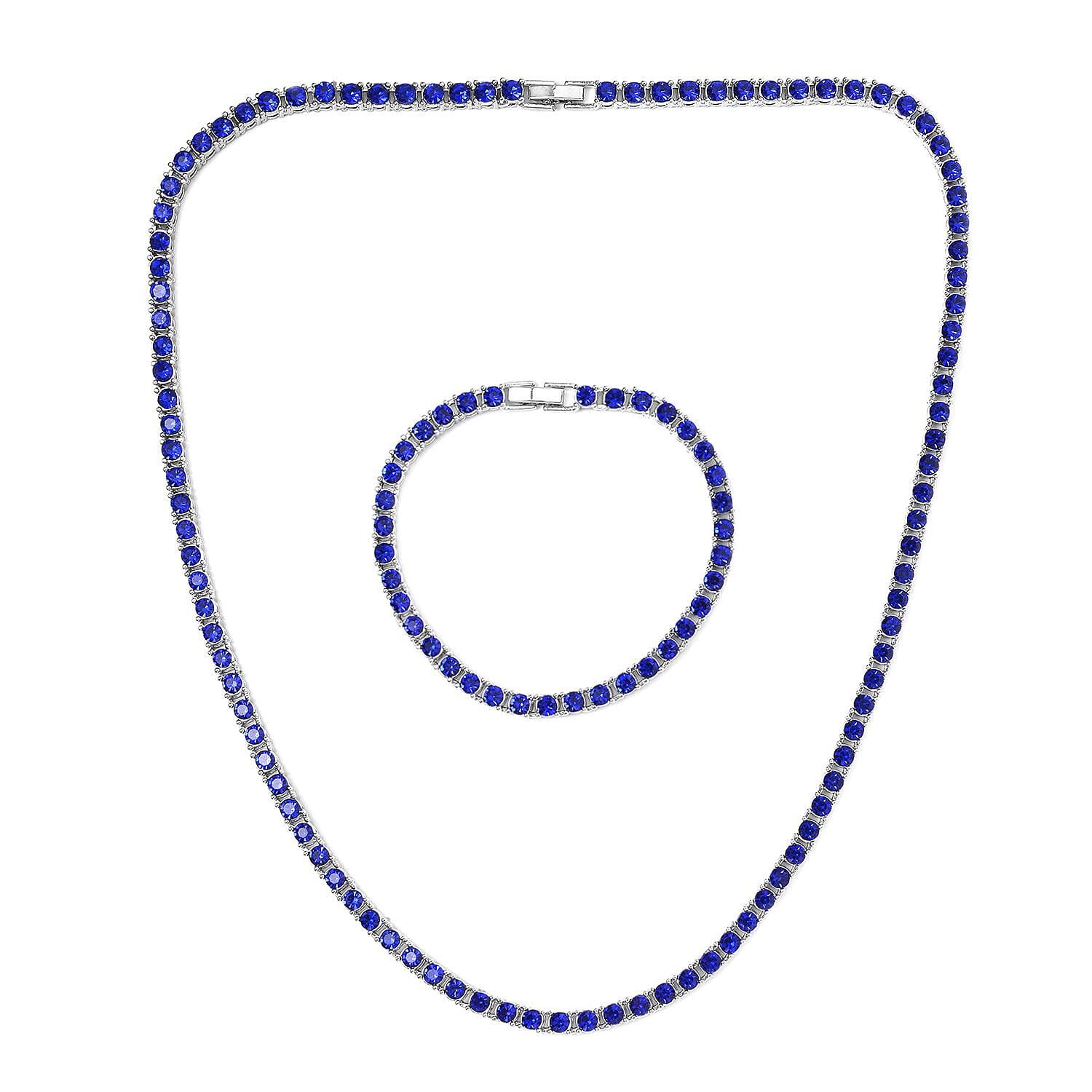 Set of 2 - Blue Crystal Necklace (Size - 20) & Tennis Bracelet (Size - 7.5) in Silver Tone