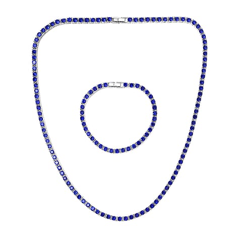 Set of 2 - Blue Crystal Necklace (Size - 20) & Tennis Bracelet (Size - 7.5) in Silver Tone