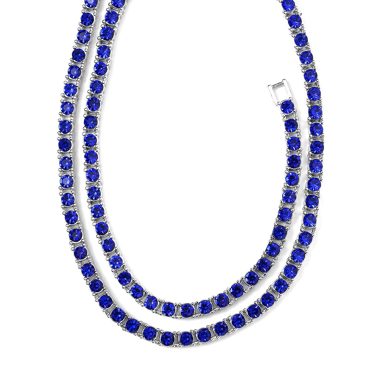 Set of 2 - Blue Crystal Necklace (Size - 20) & Tennis Bracelet (Size - 7.5) in Silver Tone