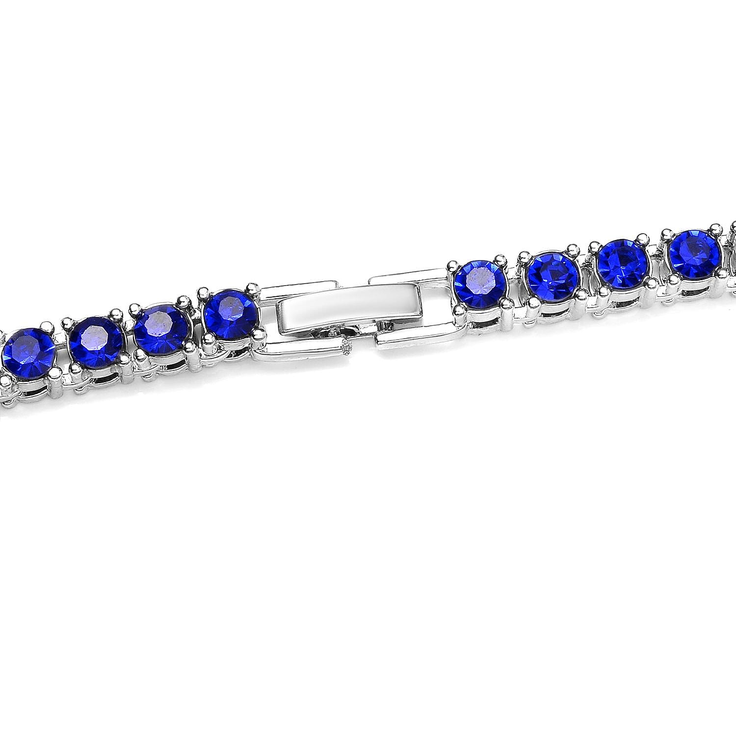 Set of 2 - Blue Crystal Necklace (Size - 20) & Tennis Bracelet (Size - 7.5) in Silver Tone