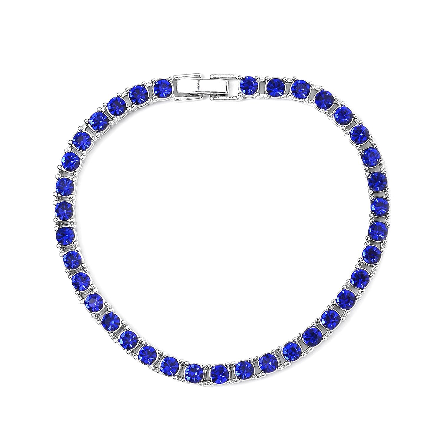 Set of 2 - Blue Crystal Necklace (Size - 20) & Tennis Bracelet (Size - 7.5) in Silver Tone