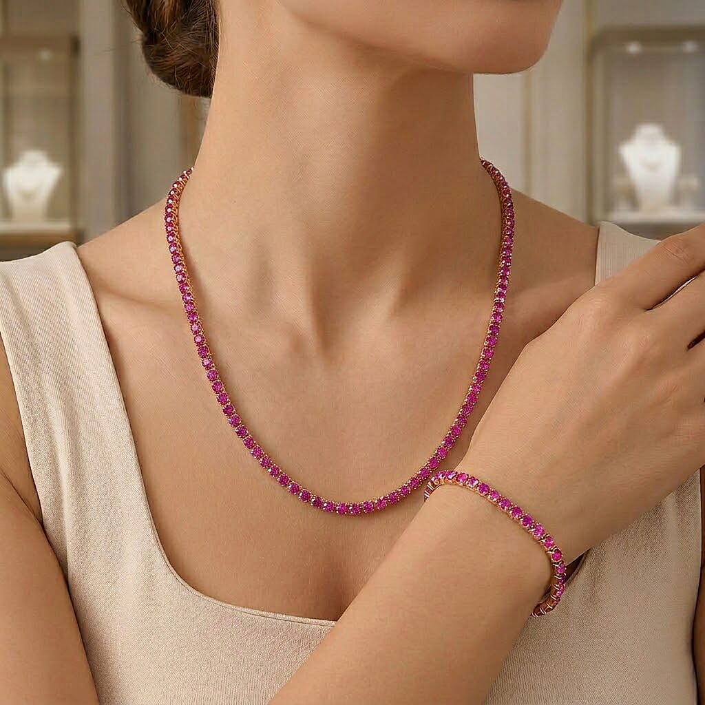 Set of 2 - Fuchsia Crystal Necklace (Size - 20) & Tennis Bracelet (Size - 7.5) in Rose Gold Tone