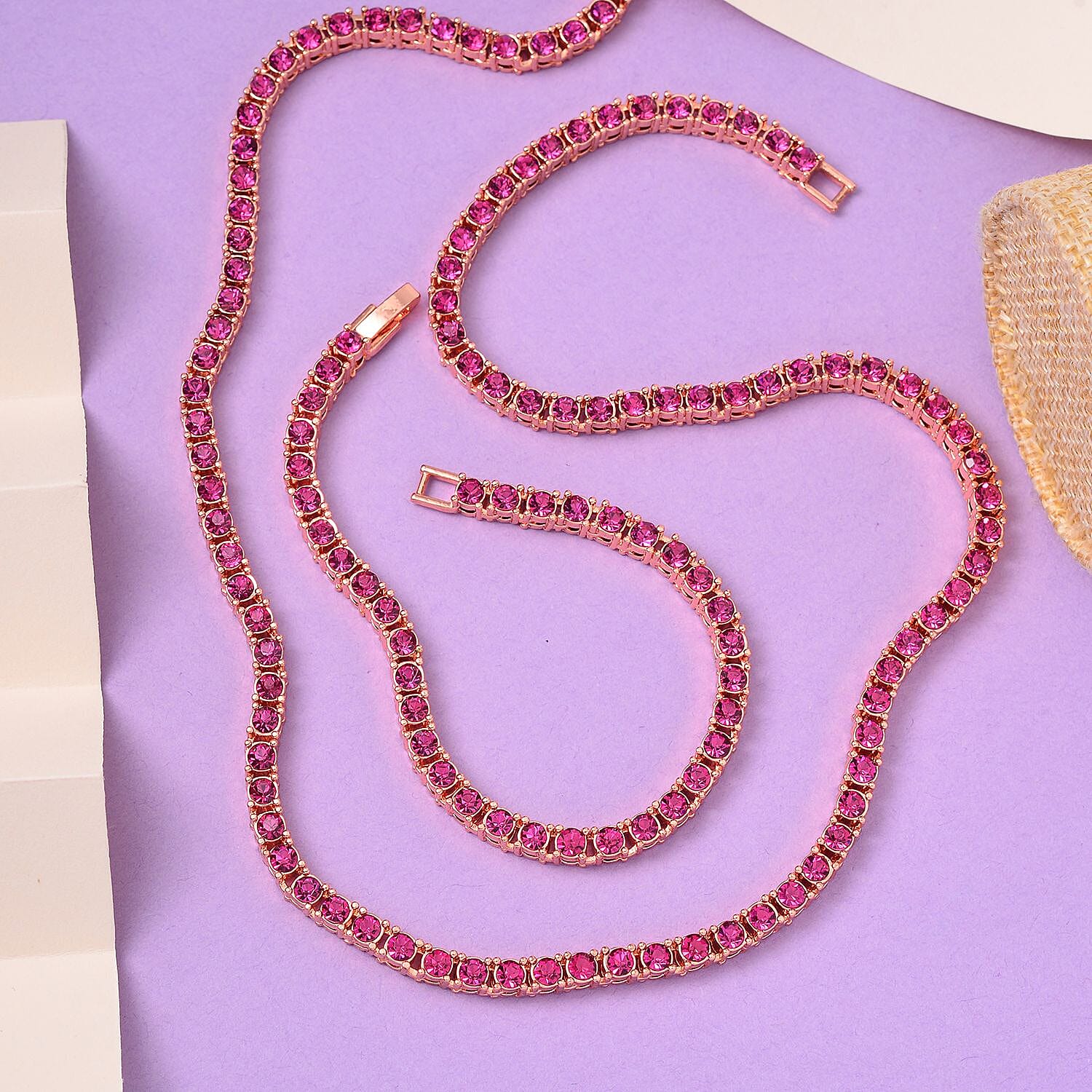Set of 2 - Fuchsia Crystal Necklace (Size - 20) & Tennis Bracelet (Size - 7.5) in Rose Gold Tone