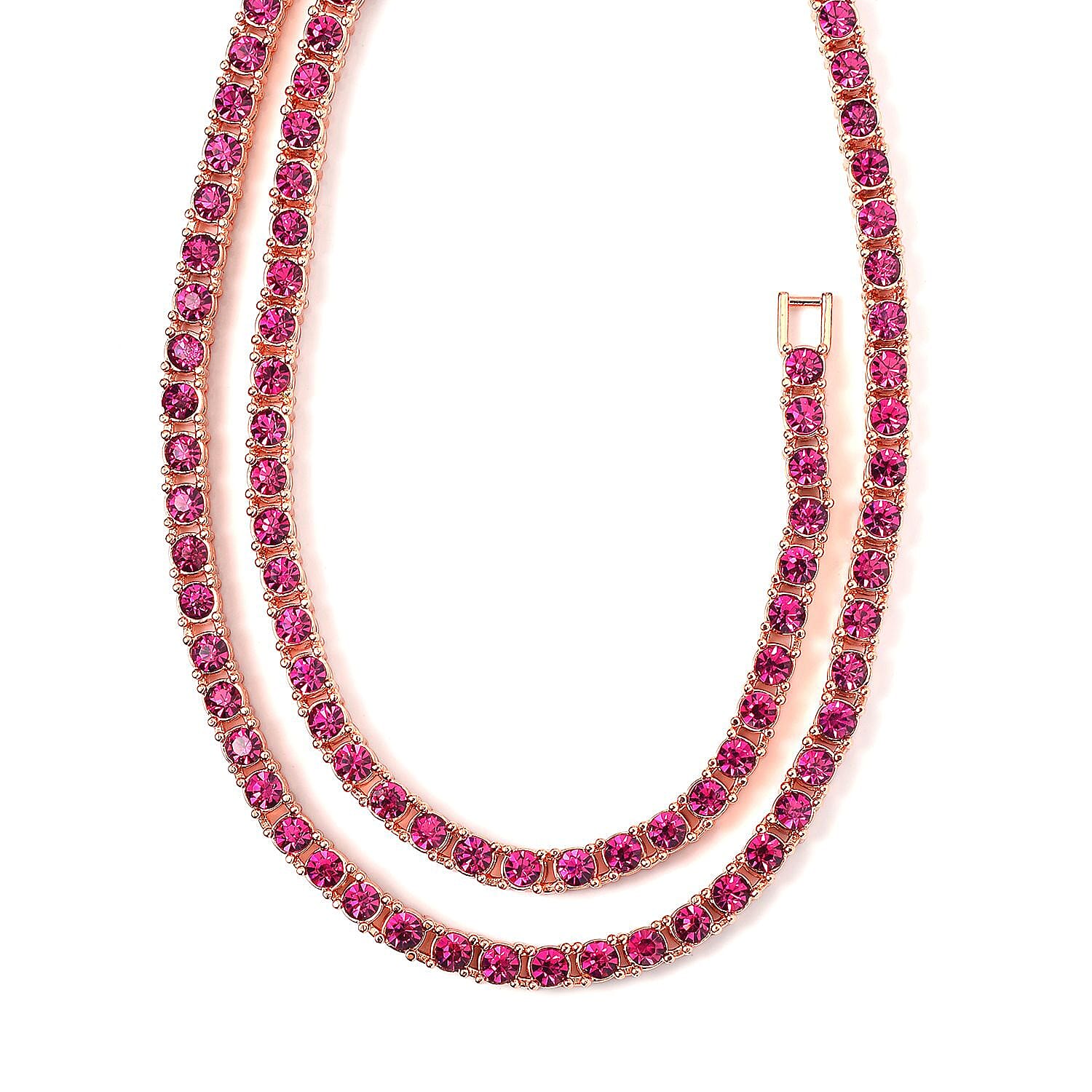 Set of 2 - Fuchsia Crystal Necklace (Size - 20) & Tennis Bracelet (Size - 7.5) in Rose Gold Tone