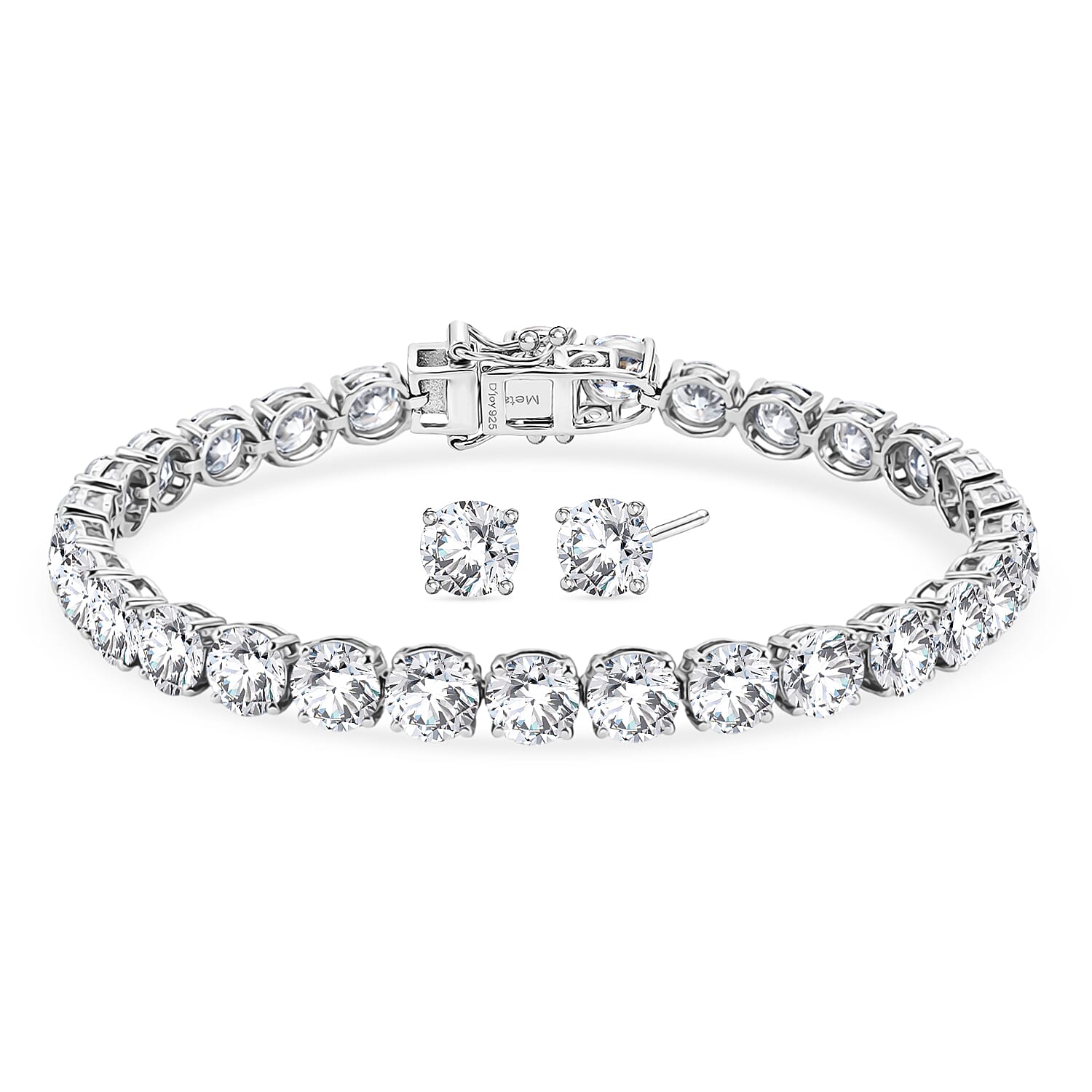 LIVE FROM JAIPUR EXLCLUSIVE - Set of 2 - D'Joy Moissanite Solitaire Stud Push Post Earring & Bracelet (Size - 7) in Rhodium Overlay Sterling Silver 22.80 Ct, Silver Wt. 10.47 Gms