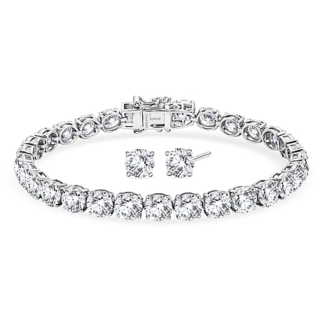 LIVE FROM JAIPUR EXLCLUSIVE - Set of 2 - D'Joy Moissanite Solitaire Stud Push Post Earring & Bracelet (Size - 7) in Rhodium Overlay Sterling Silver 22.80 Ct, Silver Wt. 10.47 Gms
