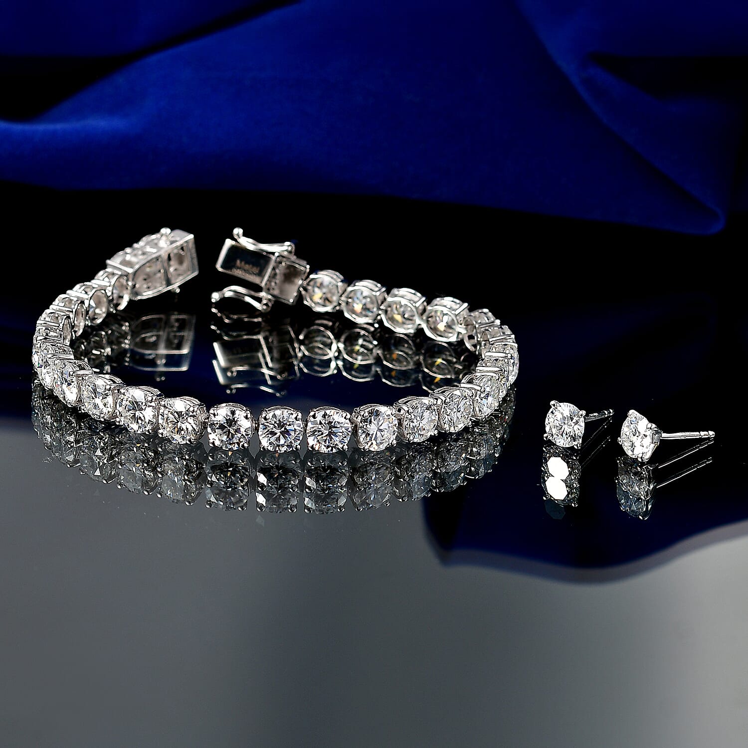 LIVE FROM JAIPUR EXLCLUSIVE - Set of 2 - D'Joy Moissanite Solitaire Stud Push Post Earring & Bracelet (Size - 7) in Rhodium Overlay Sterling Silver 22.80 Ct, Silver Wt. 10.47 Gms