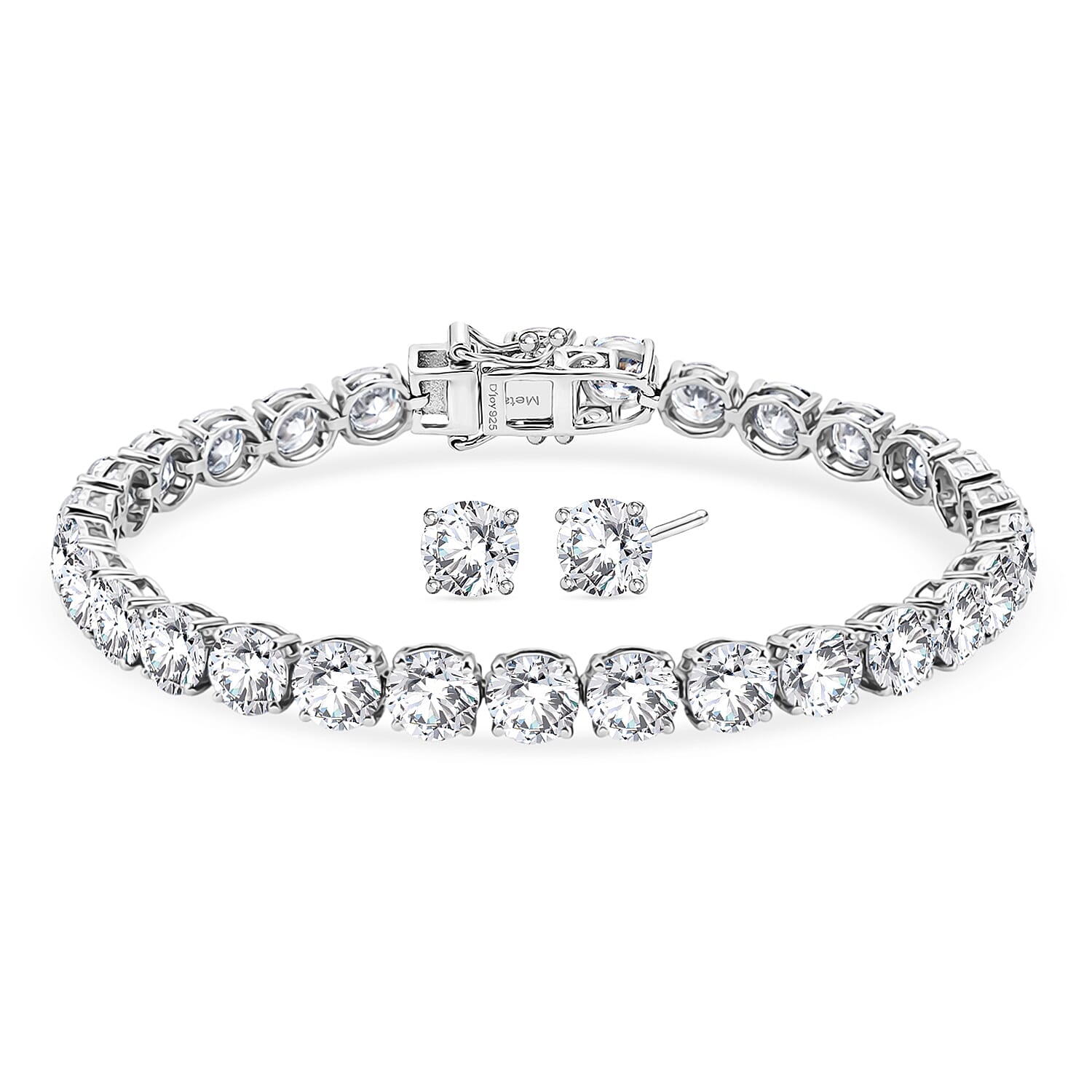 TJC EXLCLUSIVE - Set of 2 - D'Joy Moissanite Solitaire Stud Push Post Earring & Bracelet (Size - 7) in Rhodium Overlay Sterling Silver 22.80 Ct, Silver Wt. 10.47 Gms