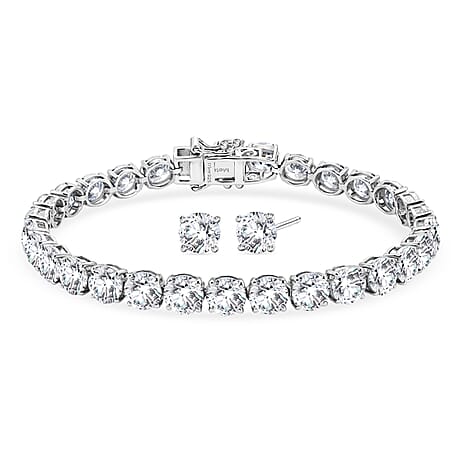 TJC EXLCLUSIVE - Set of 2 - D'Joy Moissanite Solitaire Stud Push Post Earring & Bracelet (Size - 7) in Rhodium Overlay Sterling Silver 22.80 Ct, Silver Wt. 10.47 Gms