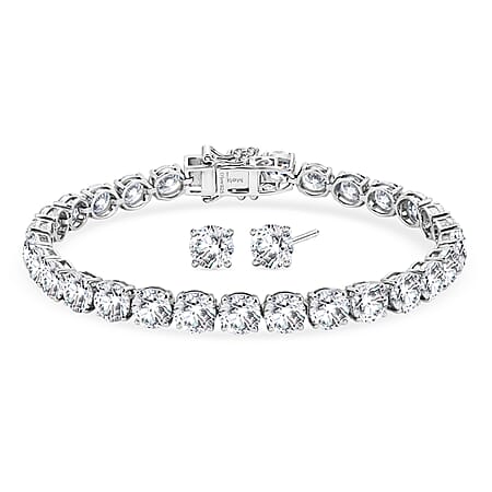 TJC EXLCLUSIVE - Set of 2 - D'Joy Moissanite Solitaire Stud Push Post Earring & Bracelet (Size - 7) in Rhodium Overlay Sterling Silver 22.80 Ct, Silver Wt. 10.47 Gms TJC EXLCLUSIVE - Set of 2 - D'Joy Moissanite Solitaire Stud Push Post Earring & Bracelet (Size - 7) in Rhodium Overlay Sterling Silver 22.80 Ct, Silver Wt. 10.47 Gms