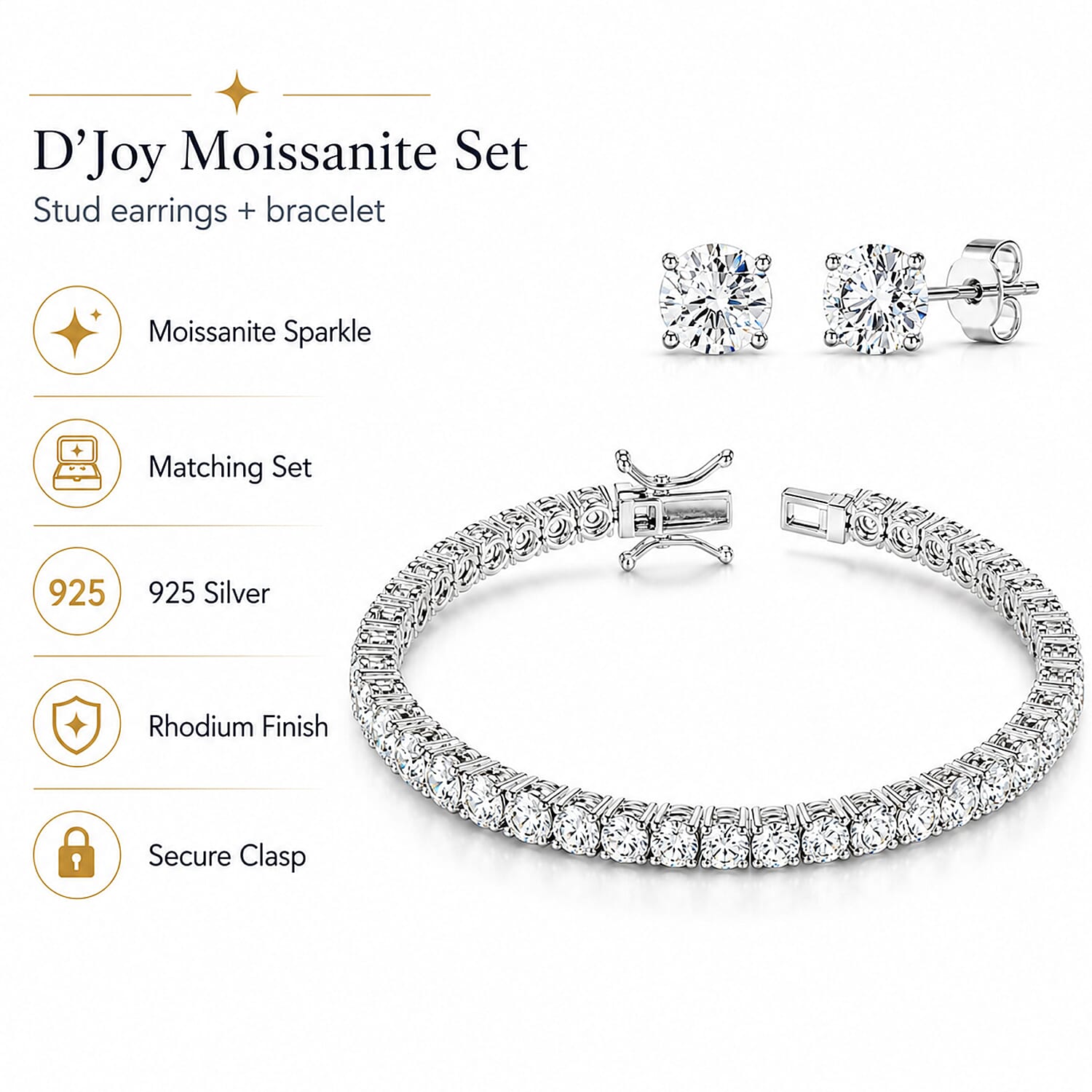 TJC EXLCLUSIVE - Set of 2 - D'Joy Moissanite Solitaire Stud Push Post Earring & Bracelet (Size - 7) in Rhodium Overlay Sterling Silver 22.80 Ct, Silver Wt. 10.47 Gms