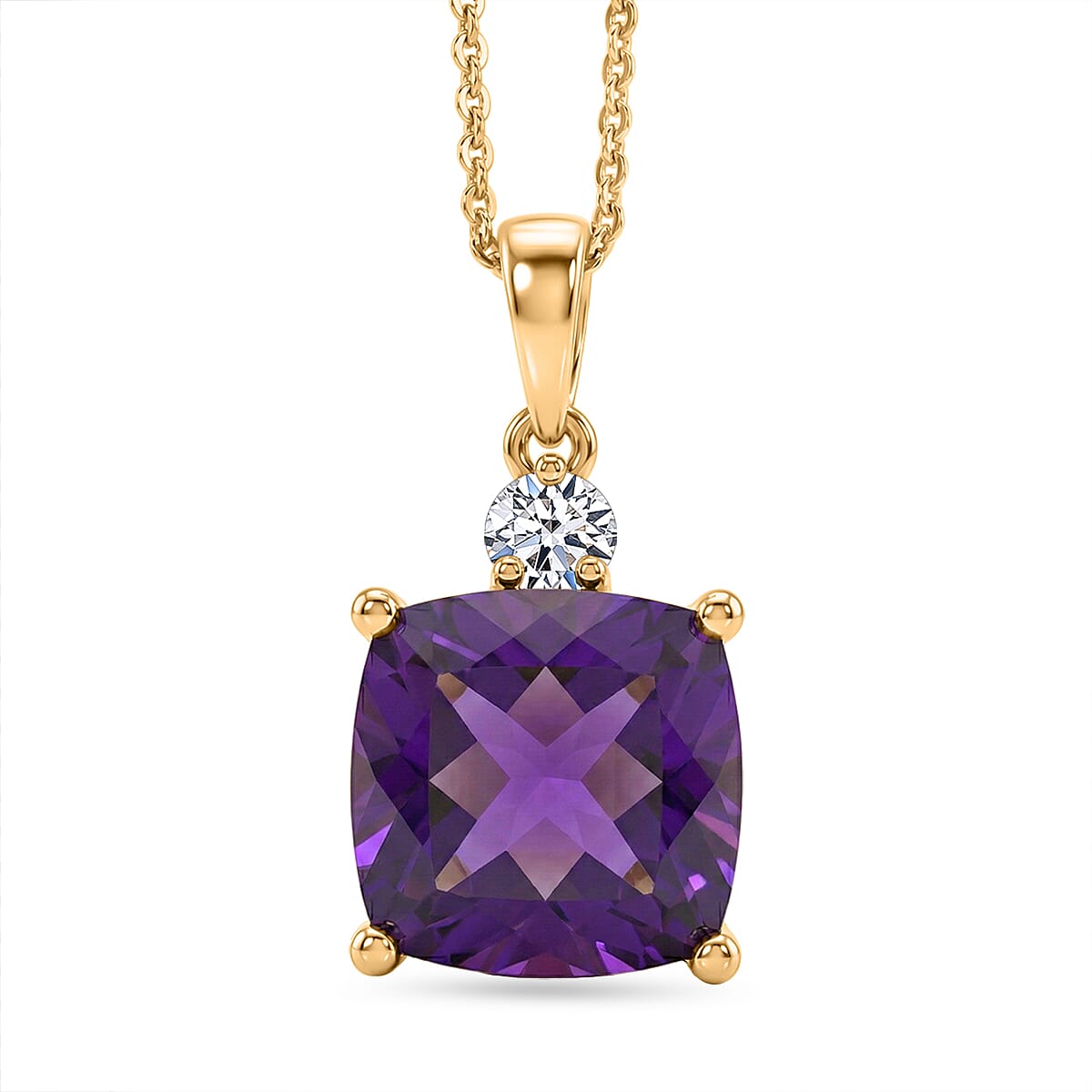 Luxuriant - AAA African Amethyst & Lab Grown Diamond (SI-G-H) Pendant with Chain (Size 20) in 18K Vermeil Yellow Gold Plated Sterling Silver 5.12 Ct.