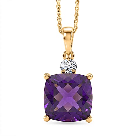 Luxuriant - AAA African Amethyst & Lab Grown Diamond (SI-G-H) Pendant with Chain (Size 20) in 18K Vermeil Yellow Gold Plated Sterling Silver 5.12 Ct.