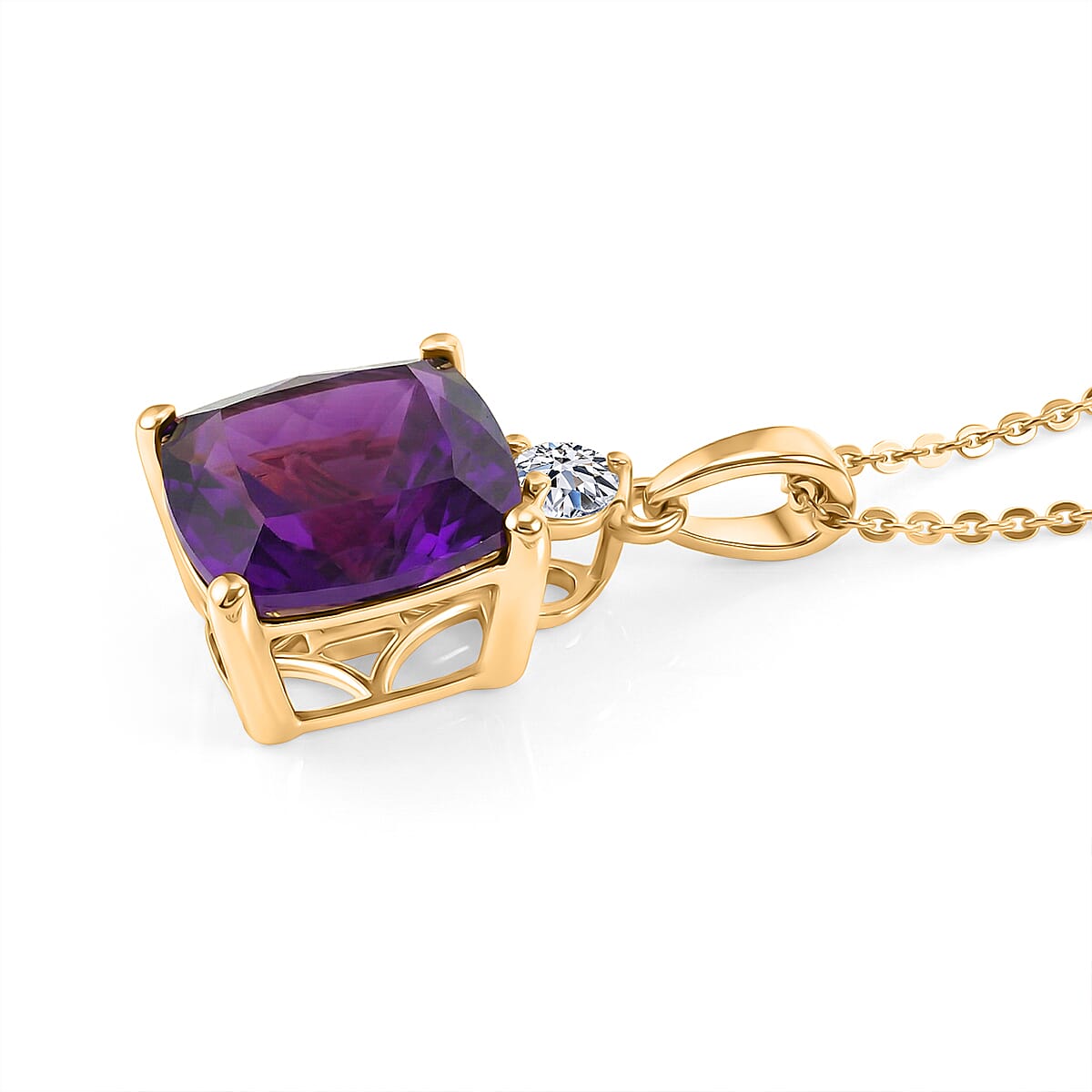 Luxuriant - AAA African Amethyst & Lab Grown Diamond (SI-G-H) Pendant with Chain (Size 20) in 18K Vermeil Yellow Gold Plated Sterling Silver 5.12 Ct.