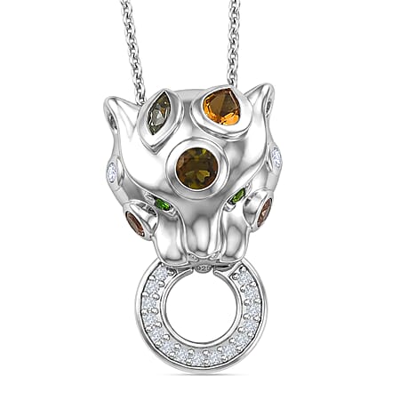 D'Joy - Multi-Tourmaline, White Zircon & Natural Chrome Diopside Panther Pendant with Chain (Size 20) in Rhodium Overlay Sterling Silver D'Joy - Multi-Tourmaline, White Zircon & Natural Chrome Diopside Panther Pendant with Chain (Size 20) in Rhodium Overlay Sterling Silver
