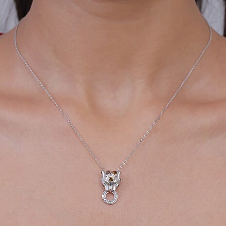 D'Joy - Multi-Tourmaline, White Zircon & Natural Chrome Diopside Panther Pendant with Chain (Size 20) in Rhodium Overlay Sterling Silver