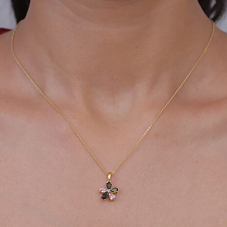 Luxuriant - Multi-Tourmaline & Lab Grown Diamond (SI-G-H) Floral Pendant with Chain (Size 20) in Yellow Gold Plated Sterling Silver 1.00 Ct