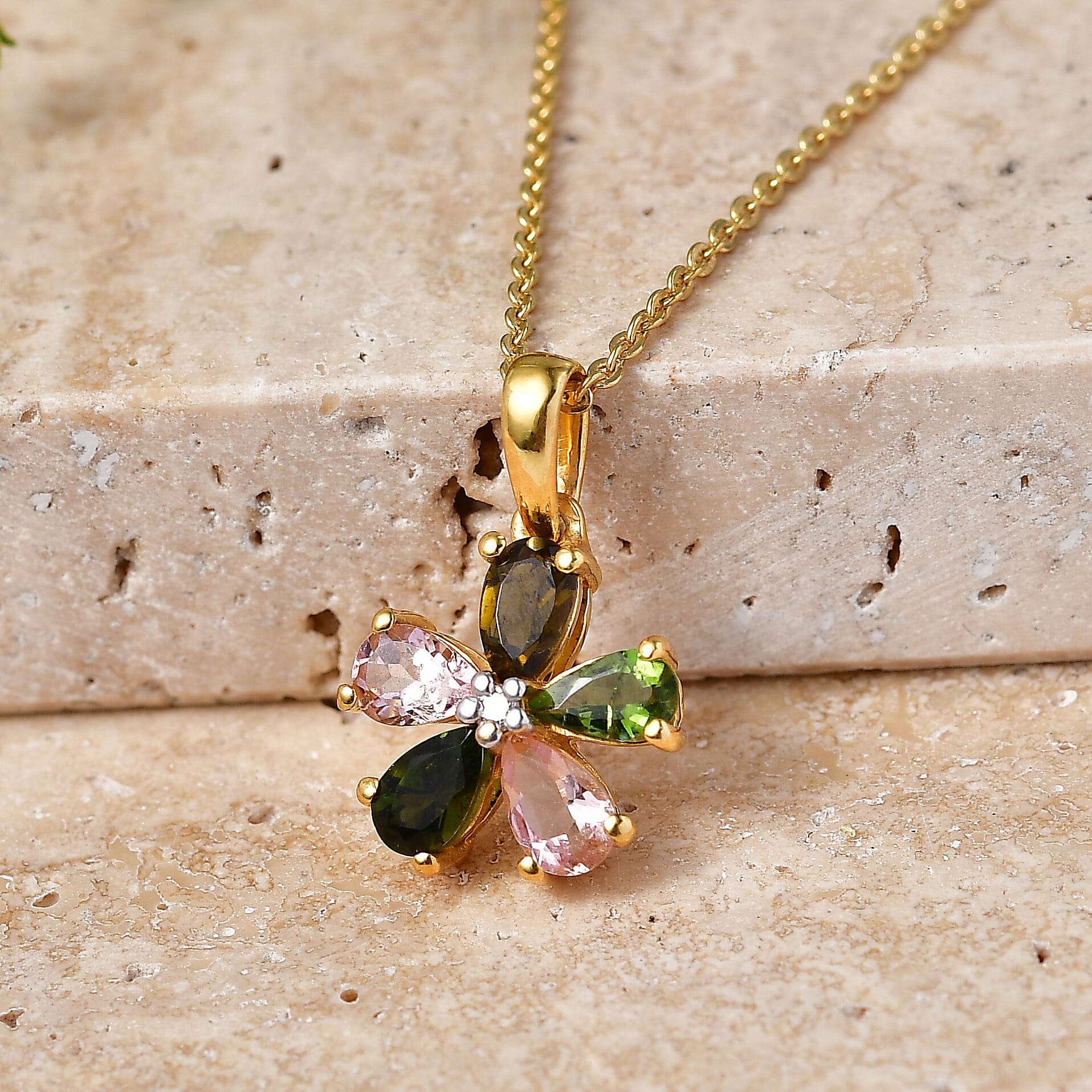Luxuriant - Multi-Tourmaline & Lab Grown Diamond (SI-G-H) Pendant with Chain (Size 20) in Yellow Gold Plated Sterling Silver 1.00 Ct