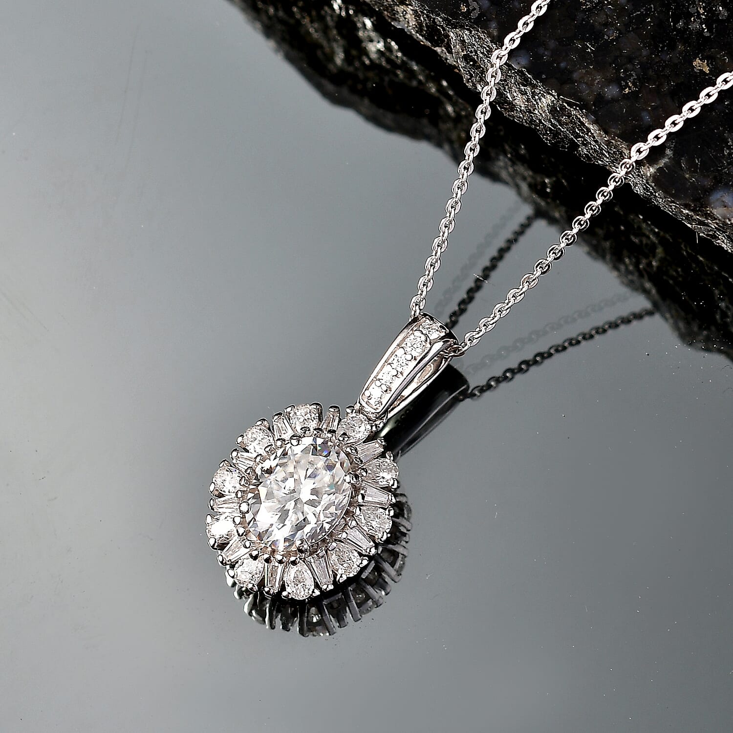 D'Joy - Moissanite Pendant with Chain (Size 20) in Rhodium Overlay Sterling Silver 2.71 Ct.