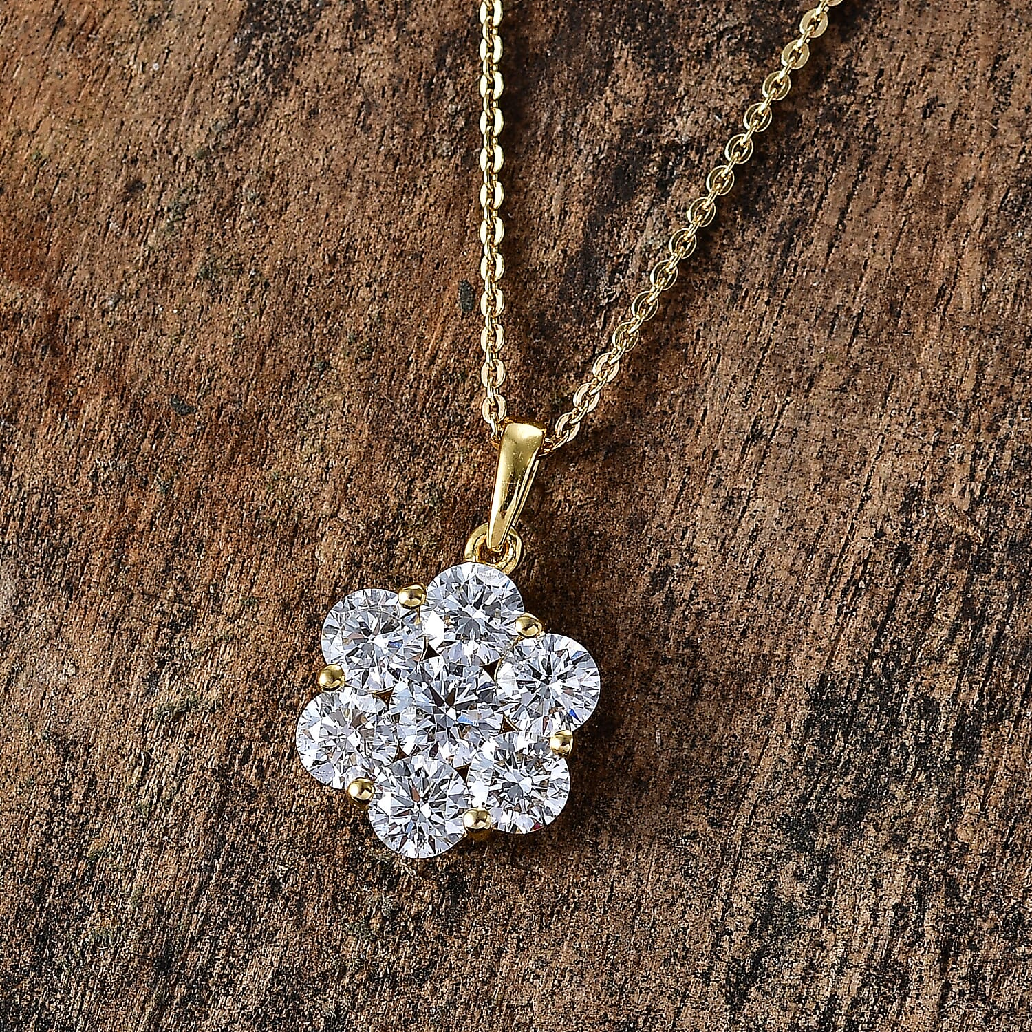 Luxuriant - SI-G-H Lab Grown Diamond Cluster Pendant with Chain (Size 20) in 18K Vermeil Yellow Gold Plated Sterling Silver 2.00 Ct.