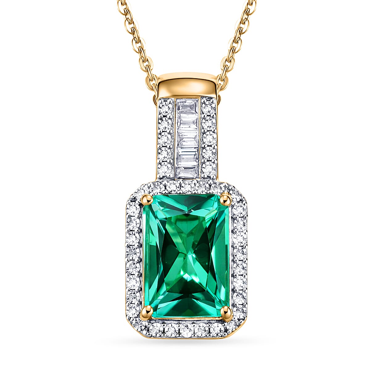 Luxuriant - Lab Grown Colombian Emerald & Lab Grown Diamond (SI-G-H) Halo Pendant with Chain (Size 20) in 18K Vermeil Yellow Gold Plated Sterling Silver 1.70 Ct.