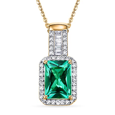 Luxuriant - Lab Grown Colombian Emerald & Lab Grown Diamond (SI-G-H) Halo Pendant with Chain (Size 20) in 18K Vermeil Yellow Gold Plated Sterling Silver 1.70 Ct.