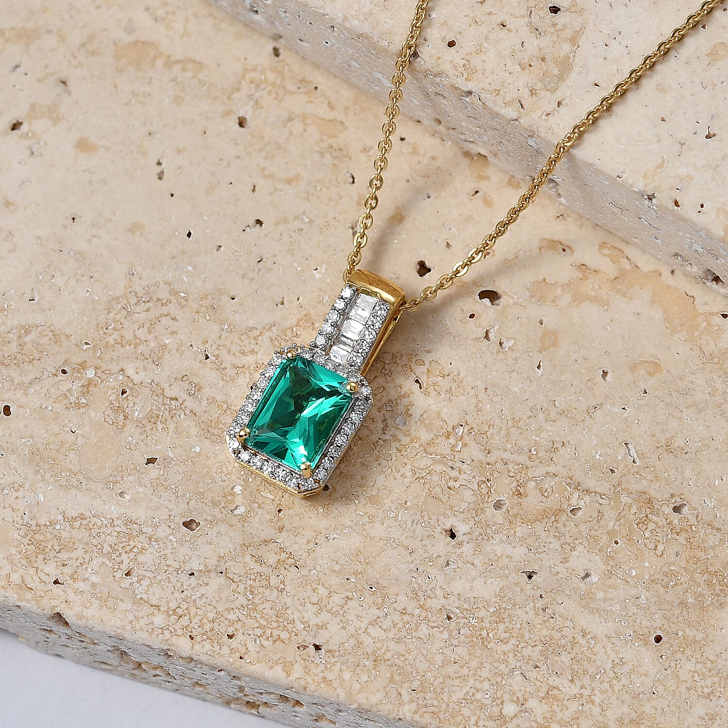 Luxuriant - Lab Grown Colombian Emerald & Lab Grown Diamond (SI-G-H) Halo Pendant with Chain (Size 20) in 18K Vermeil Yellow Gold Plated Sterling Silver 1.70 Ct.