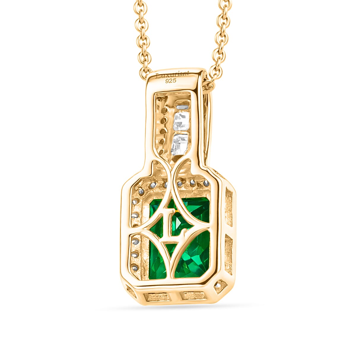 Luxuriant - Lab Grown Colombian Emerald & Lab Grown Diamond (SI-G-H) Halo Pendant with Chain (Size 20) in 18K Vermeil Yellow Gold Plated Sterling Silver 1.70 Ct.