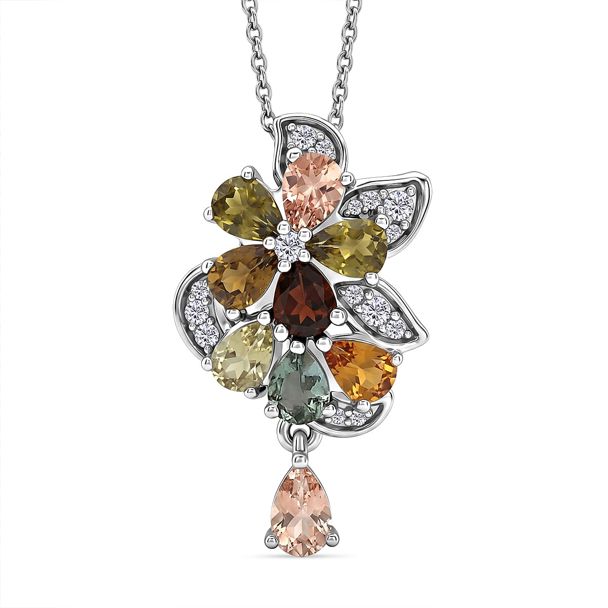 D'Joy - Multi-Tourmaline & White Zircon Pendant with Chain (Size 20) in Rhodium Overlay Sterling Silver 1.64 Ct.