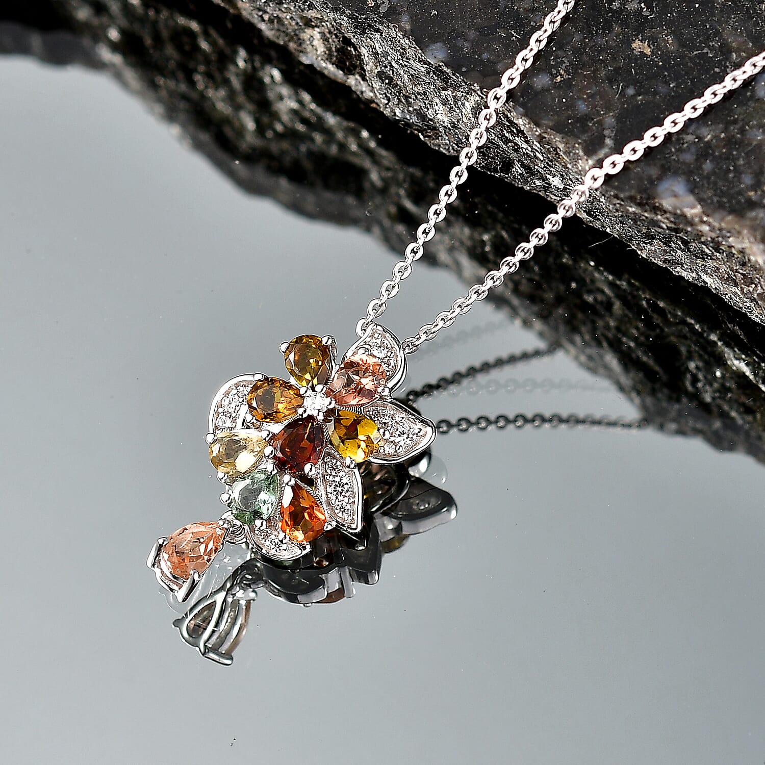 D'Joy - Multi-Tourmaline & White Zircon Pendant with Chain (Size 20) in Rhodium Overlay Sterling Silver 1.64 Ct.