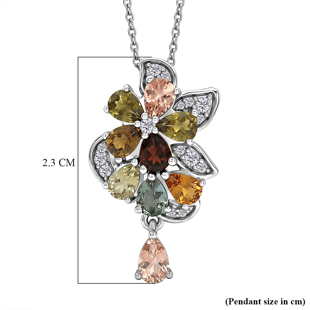 D'Joy - Multi-Tourmaline & White Zircon Pendant with Chain (Size 20) in Rhodium Overlay Sterling Silver 1.64 Ct.