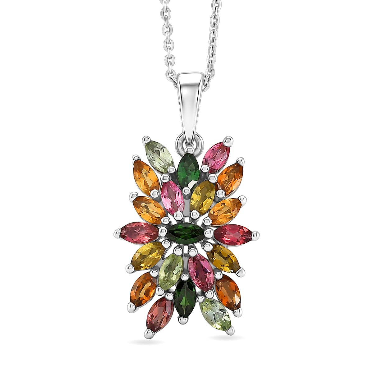 D'Joy - Multi-Tourmaline Pendant with Chain (Size 20) in Rhodium Overlay Sterling Silver 1.66 Ct.