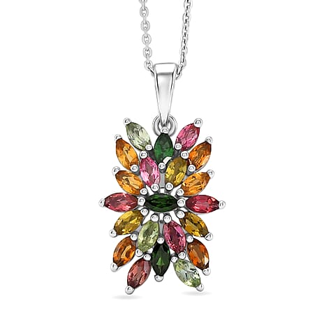 D'Joy - Multi-Tourmaline Pendant with Chain (Size 20) in Rhodium Overlay Sterling Silver 1.66 Ct.