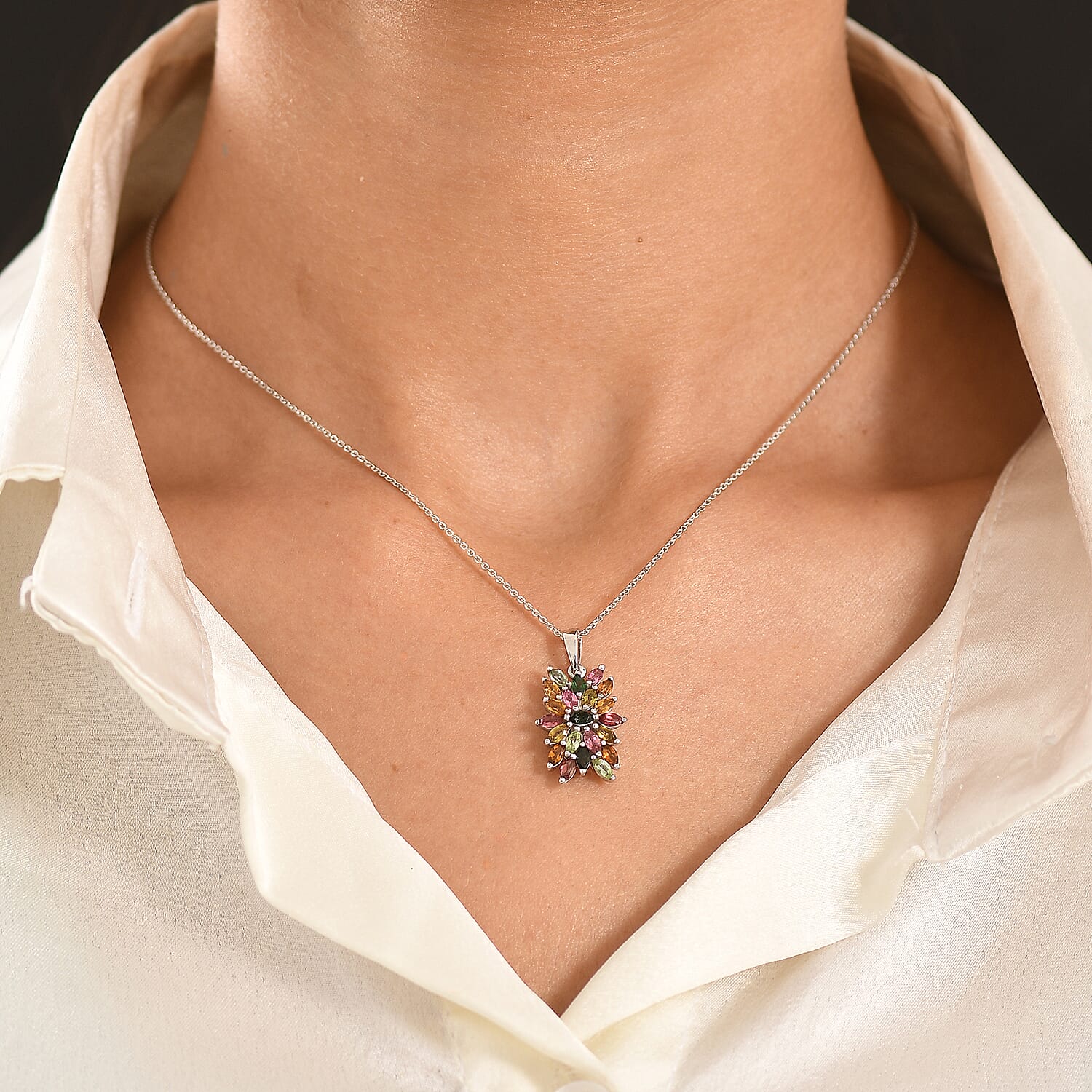 D'Joy - Multi-Tourmaline Pendant with Chain (Size 20) in Rhodium Overlay Sterling Silver 1.66 Ct.