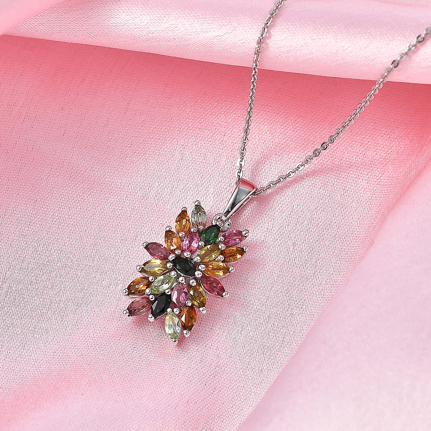 D'Joy - Multi-Tourmaline Pendant with Chain (Size 20) in Rhodium Overlay Sterling Silver 1.66 Ct.