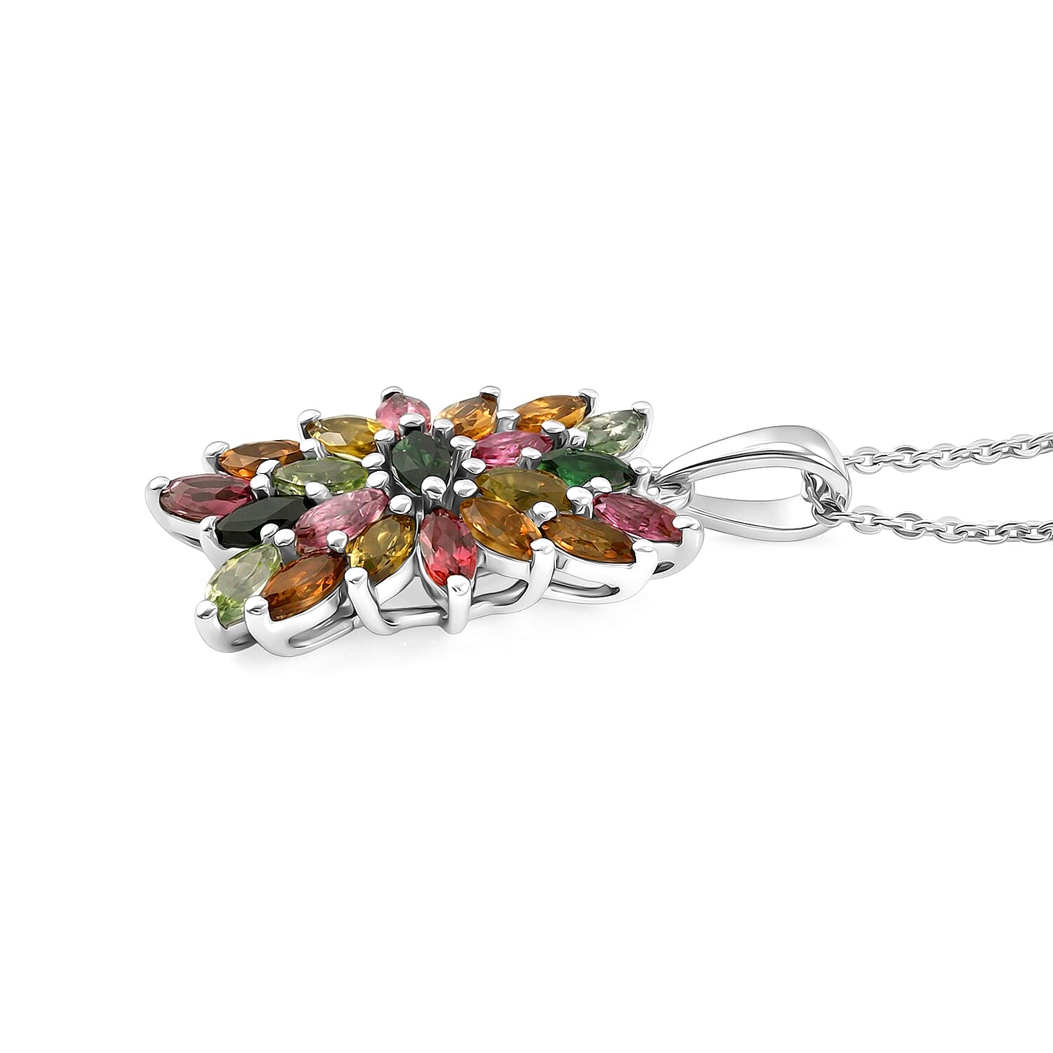 D'Joy - Multi-Tourmaline Pendant with Chain (Size 20) in Rhodium Overlay Sterling Silver 1.66 Ct.