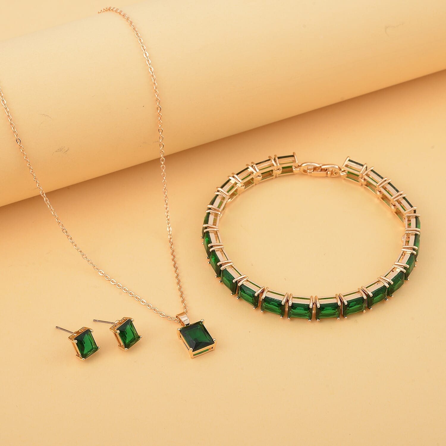 Set of 3 - Green Cubic Zirconia Bracelet (Size - 7), Push Back Earring & Pendant with Chain (Size 20-2 Ext) in Yellow Gold Tone 8.20 Ct.