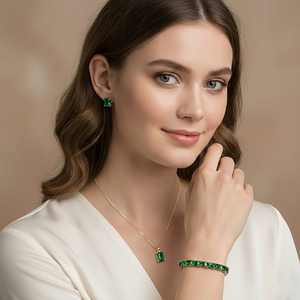 Set of 3 - Green Cubic Zirconia Bracelet (Size - 7), Push Back Earring & Pendant with Chain (Size 20-2 Ext) in Yellow Gold Tone 8.20 Ct.