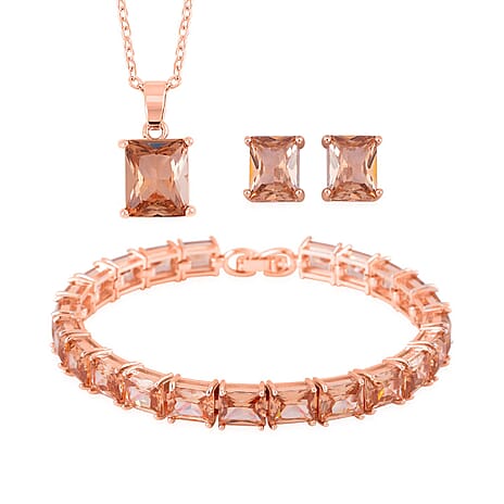 Set of 3 - Champagne Cubic Zirconia Bracelet (Size - 7), Push Back Earring & Pendant with Chain (Size 20-2 Ext) in Rose Gold Tone 8.20 Ct.